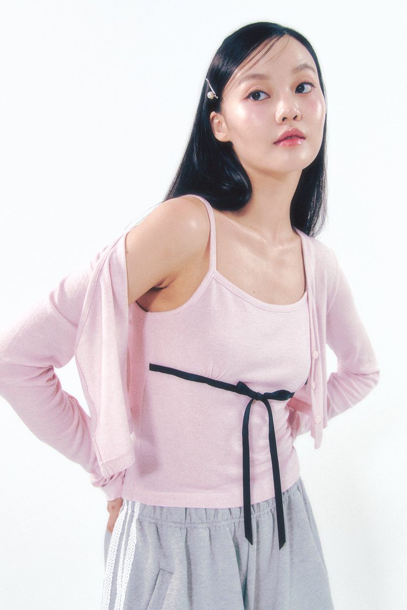 Knit Ribbon Shirring Top Set Pink