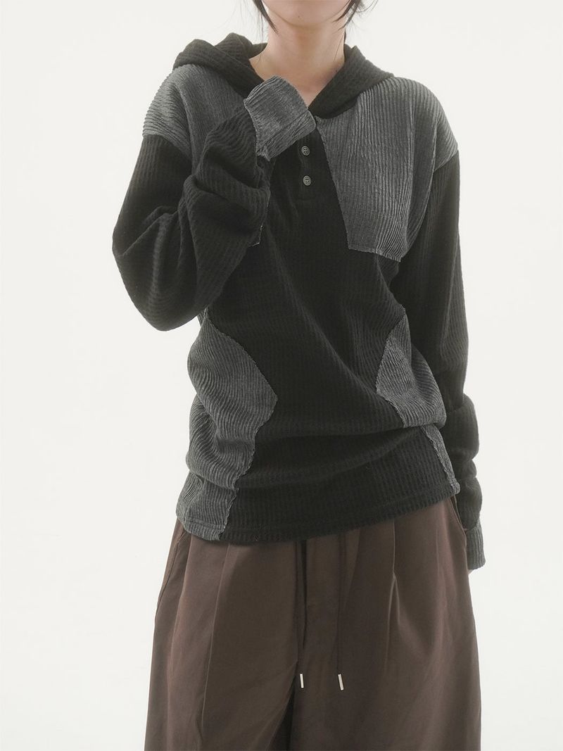 Woksta henley neck finger hole hood knit -3C