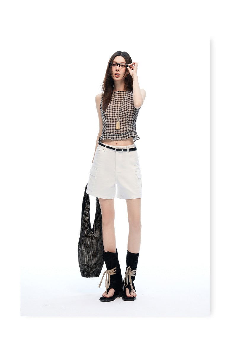 Mid Rise White Cargo Wide Leg Bermuda Shorts