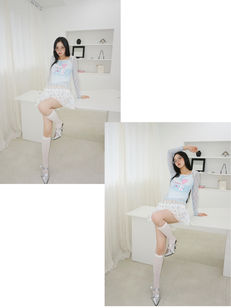 Cat chiffon banding flare mini skirt