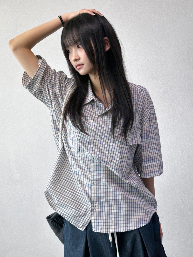 Cake Check Button Collar Short Sleeve Shirt 2 COLORS