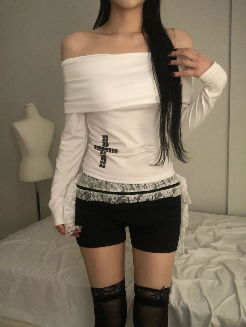 Crystal Stud Cross Off-Shoulder T