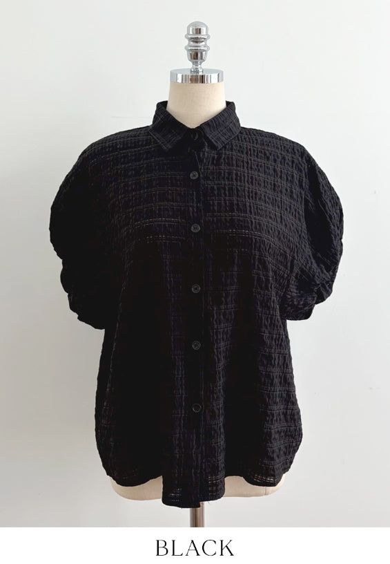 Kusha Collar Balloon Sleeves Seersucker Blouse