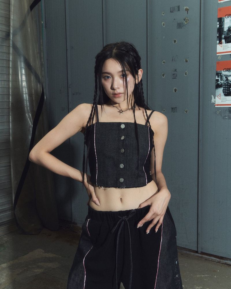 denim combi top - black
