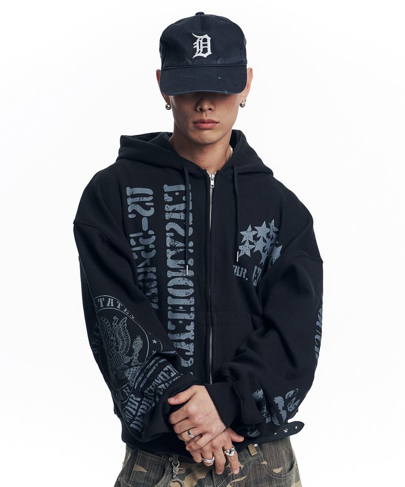 EASY NO EASY（イージーノーイージー）の「Marine Crack Print Hooded Zip-Up - Black（Tops）」