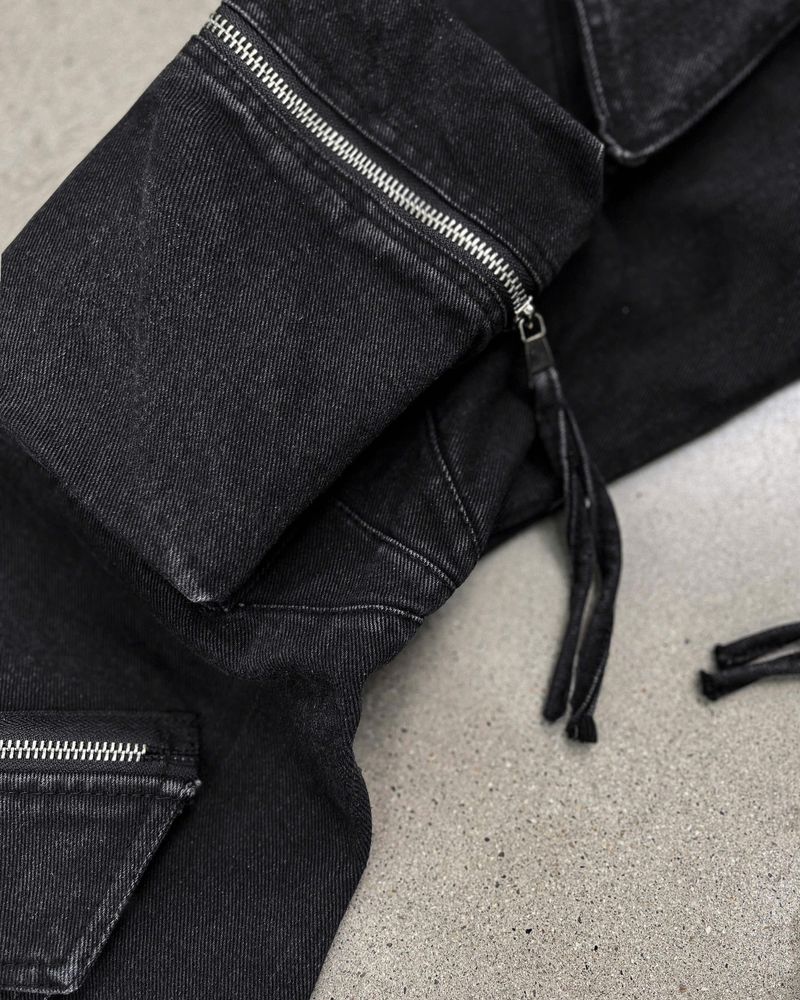 BLACK-WASH DENIM CARGO FLARE PANTS