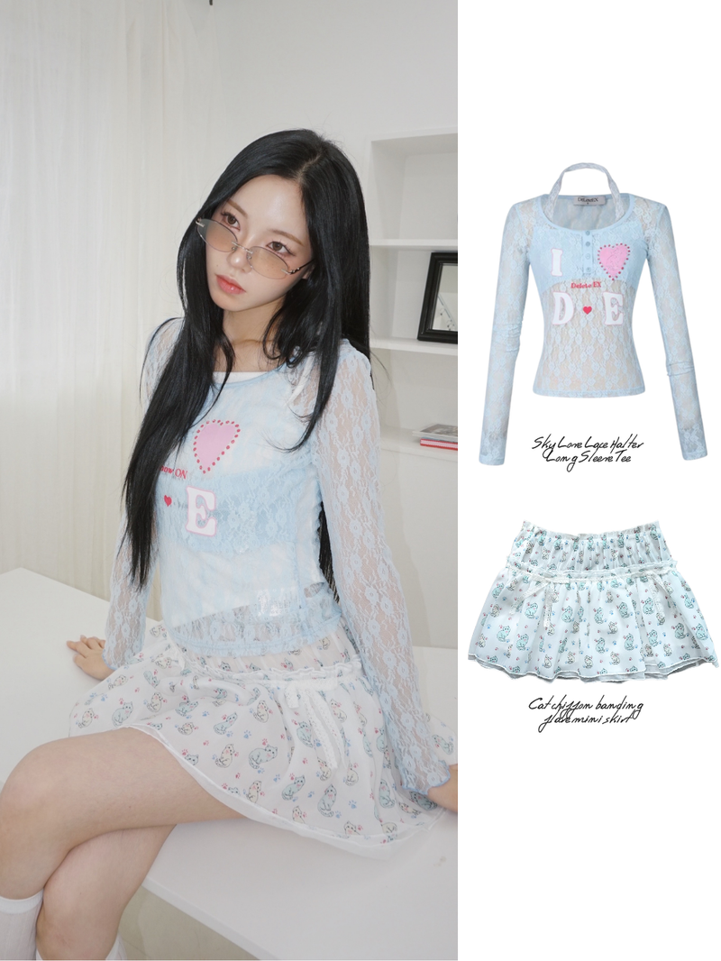 Cat chiffon banding flare mini skirt