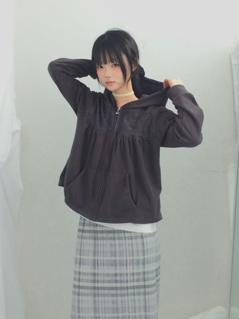 Flower Lace Half-Shirring Hooded Zip-Up