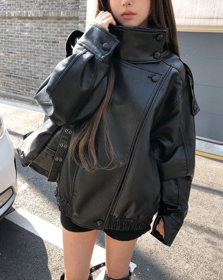 Saint High-Neck Unbalanced Leather Jacket