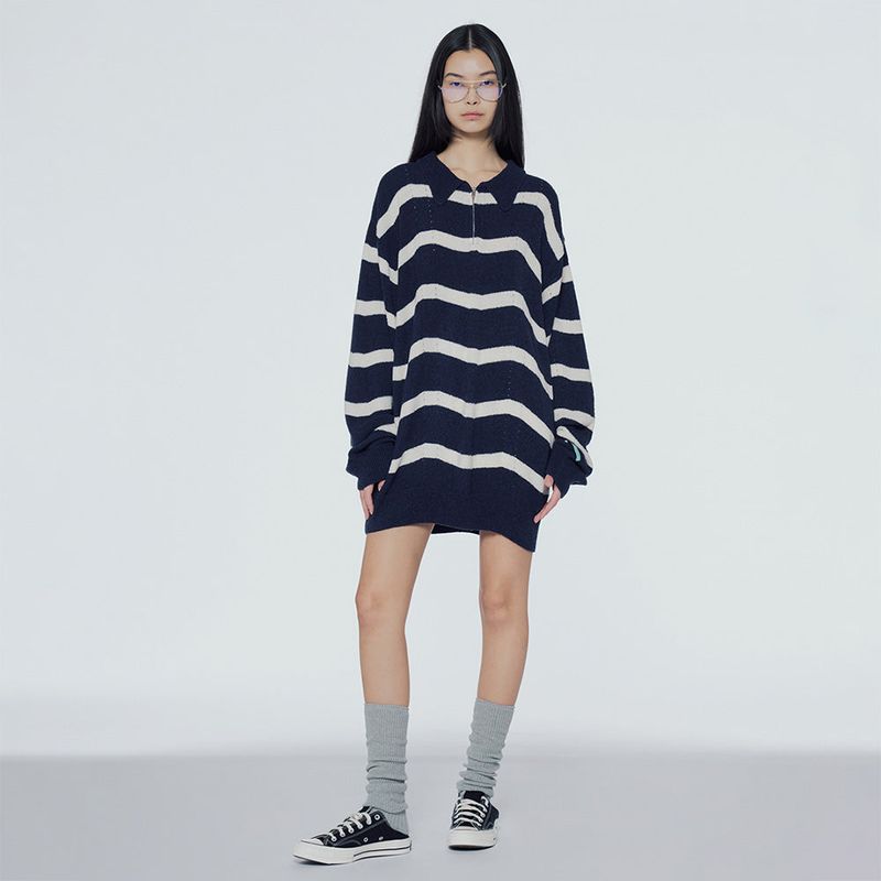 Striped half-zip boucle sweater