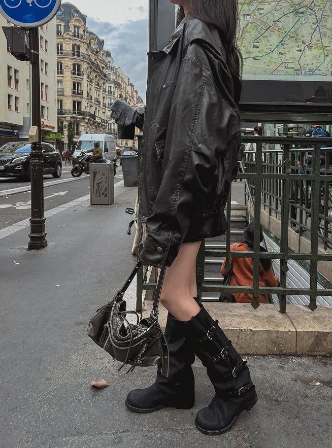 Teen vintage puffer work leather jacket