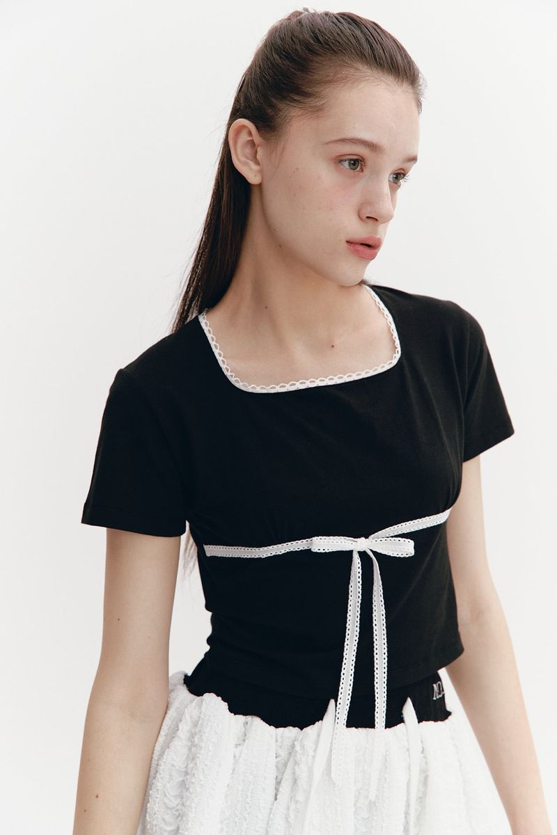 Lace Ribbon Shirring Top Black