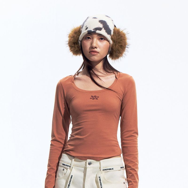 Brown Gray Slim Fit Nylon Spandex Long Sleeve Casual Top for Women, Stretchy Fitted Everyday Shirt