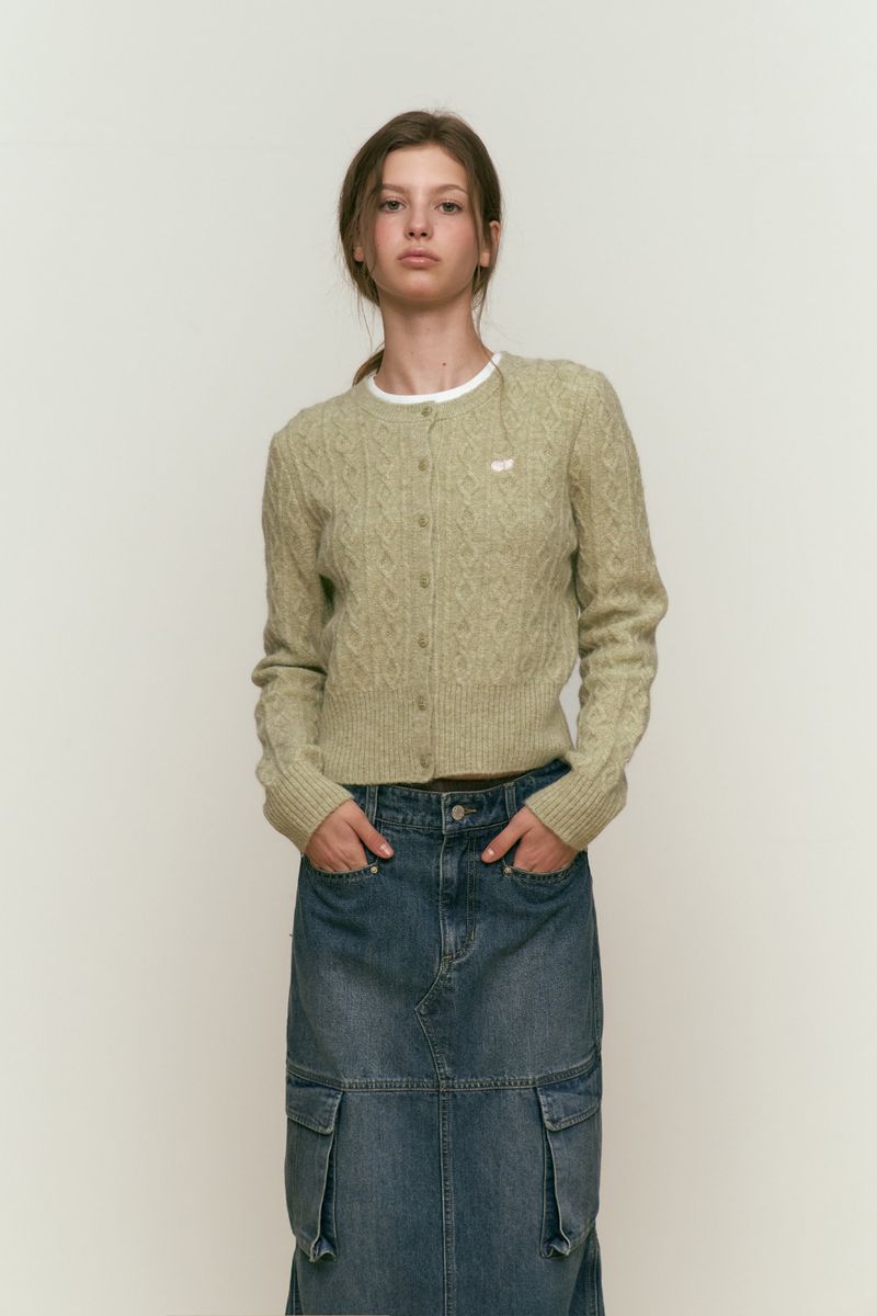 SMALL CHERRY CABLE KNIT CARDIGAN [GREEN]