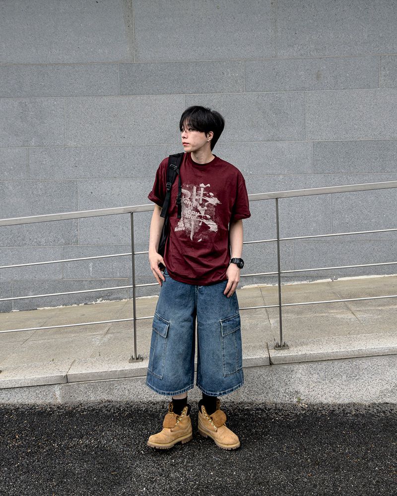 Kazen Washed Cargo Bermuda Denim Pants