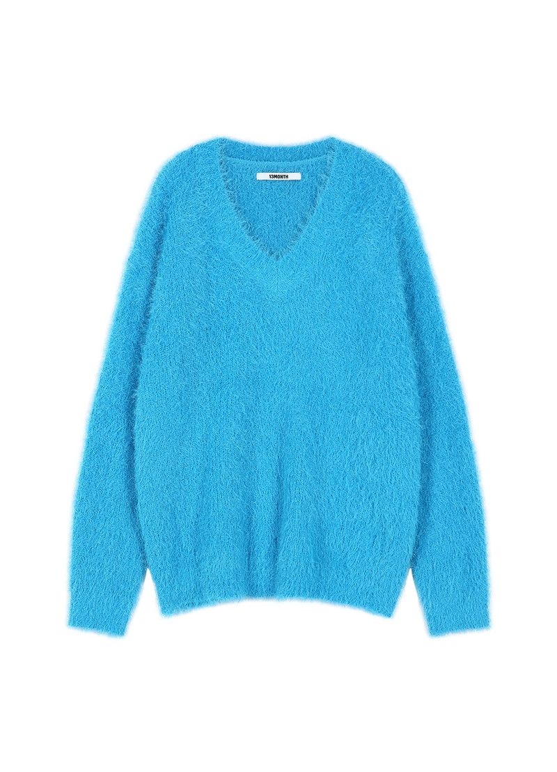 13MONTH（サーティーンマンス）の「ソフトファーVネックニットトップ (BLUE)（トップス）」