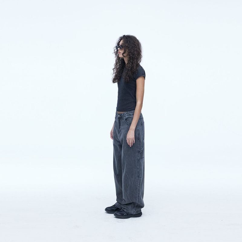 Curved Carpenter Crack Denim Pants Grey