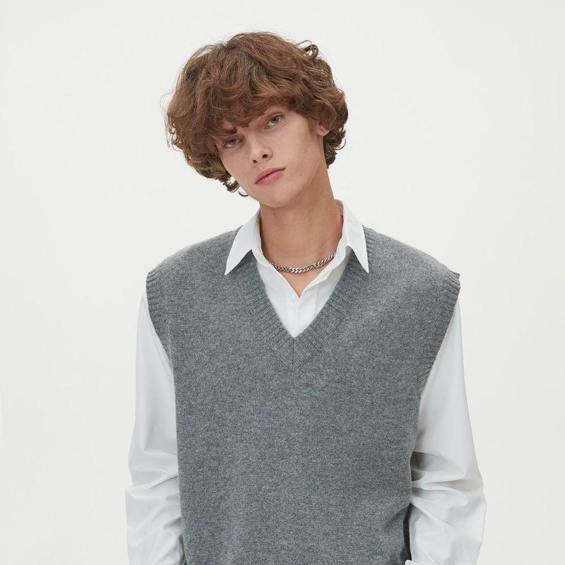 LAMBSWOOL V NECK KNIT VEST_GRAY