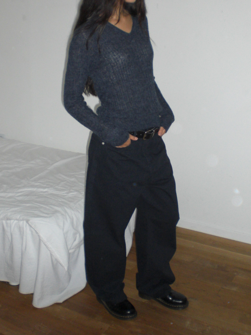 Curved wide cotton pants [Dark navy]