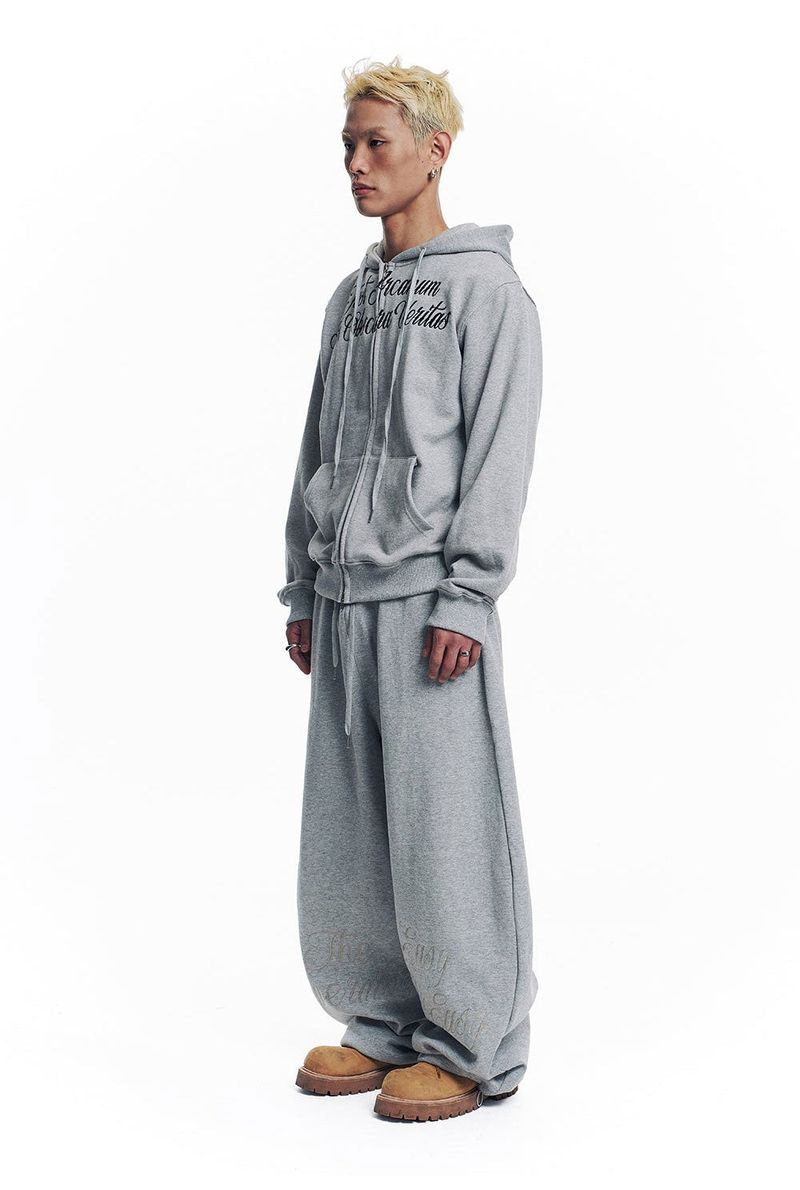 Lettering Embroidered Hoodie Zip-Up - Gray