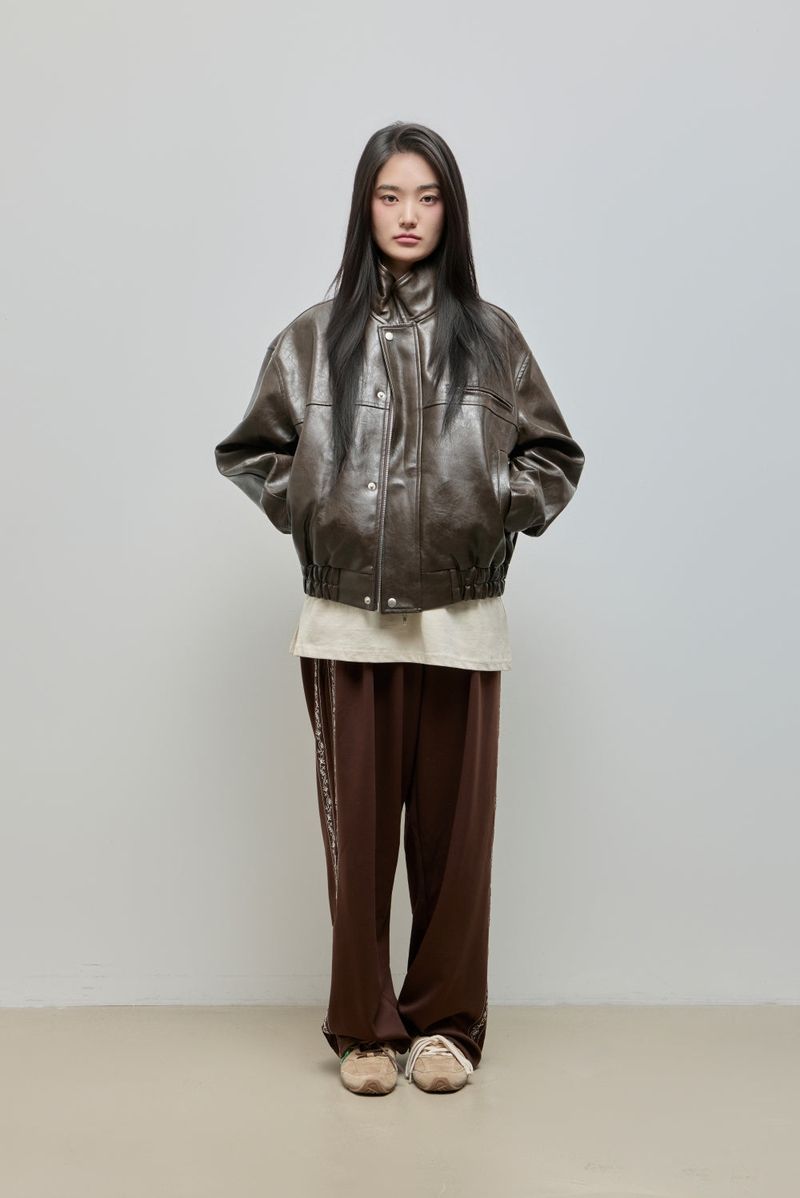 High-neck Leather Jacket_Brown