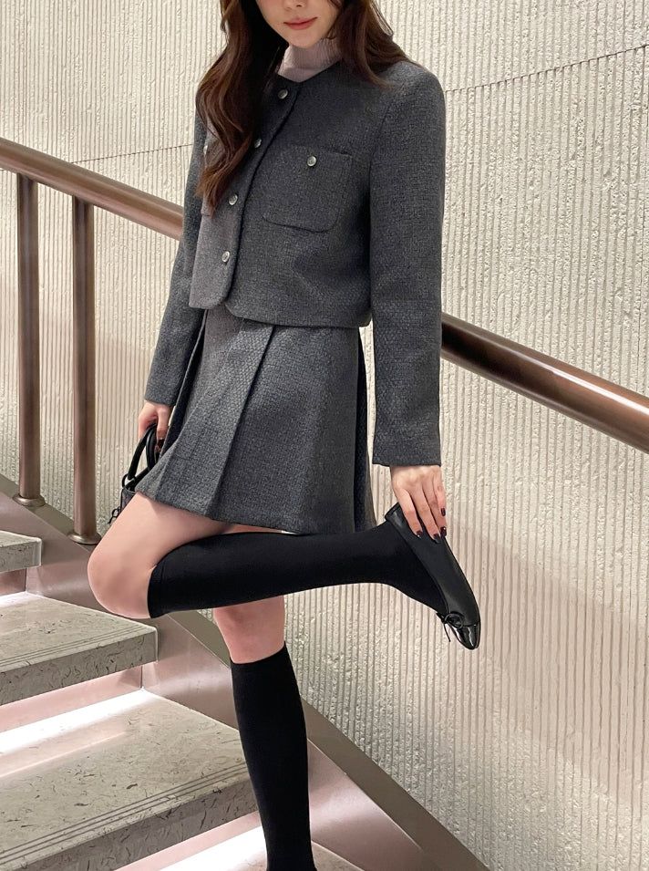 Deli Pocket No Collar Tweed Short Jacket