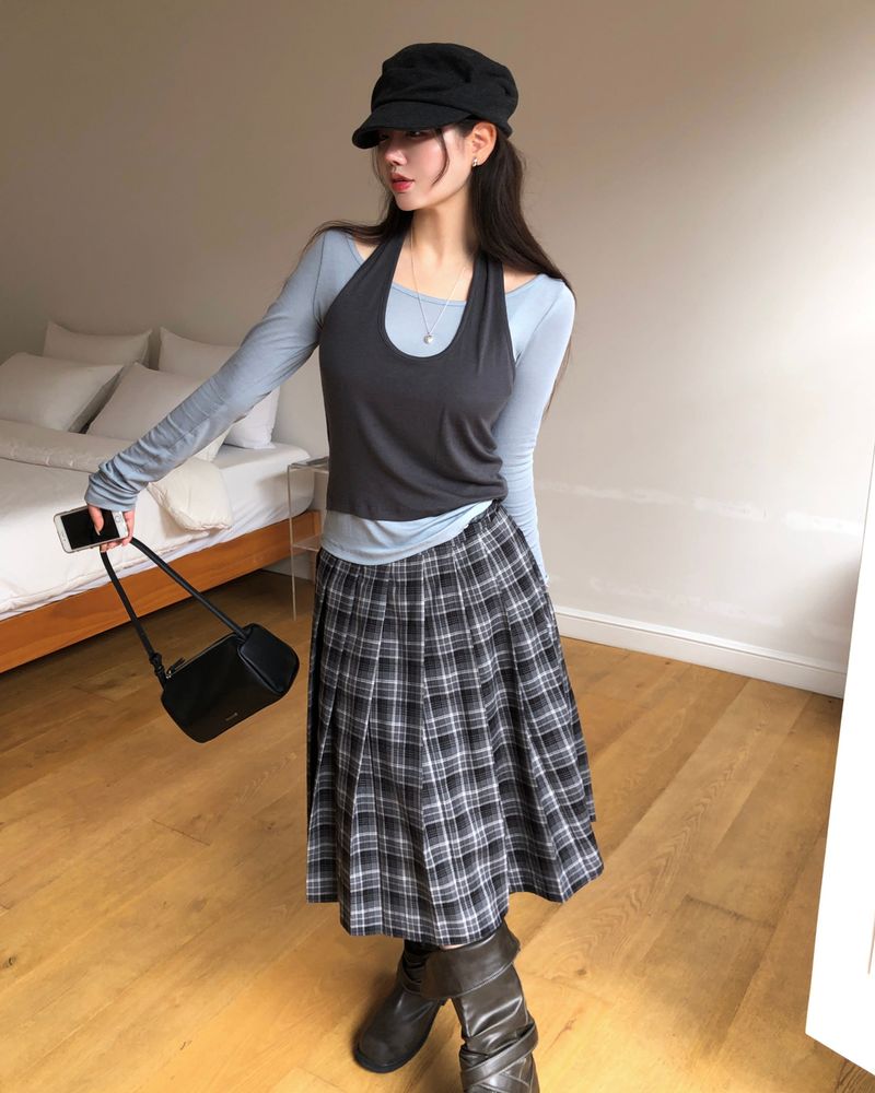 [ORIGINAL] Buckle Check Midi Pleated Skirt