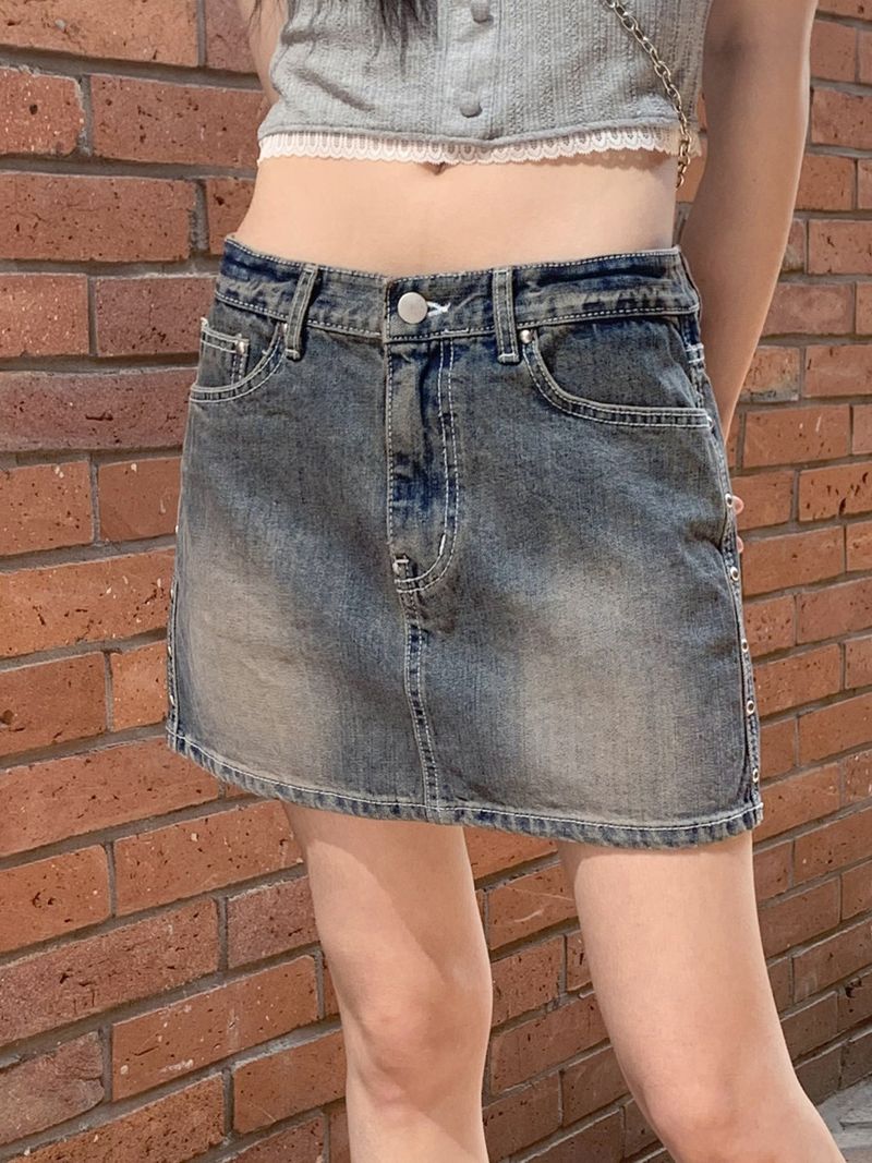 WONDER WONDER(ワンダーワンダー)の「Slaven Y2K Vintage Stud Mini Denim Skirt(Skirts)」
