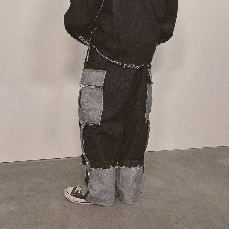 grunge roll-up denim pants_black