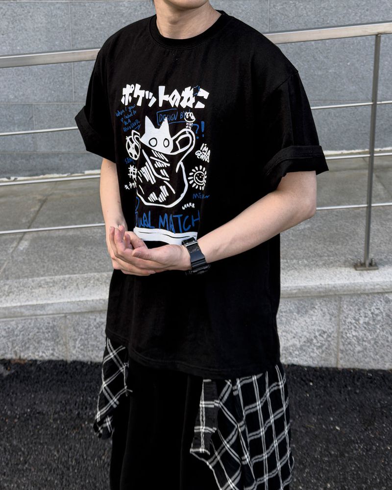 Niporu Cat Graphic Oversized Short Sleeve