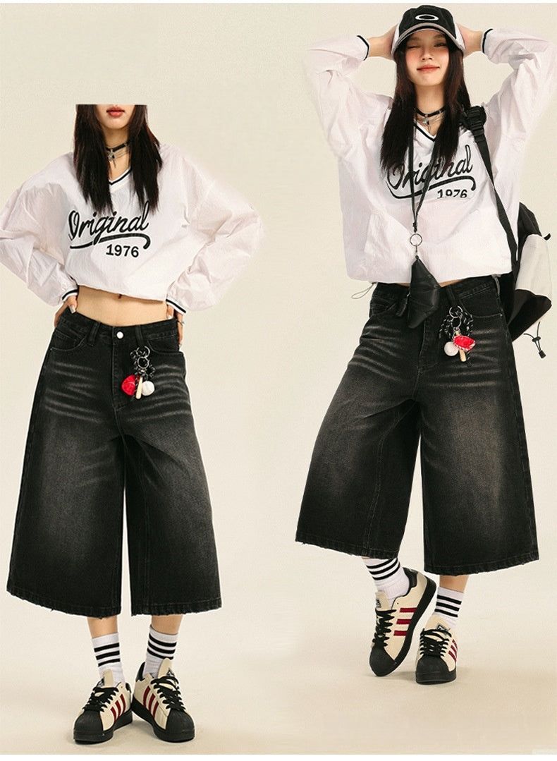 American retro loose-fitting washed distressed wide-leg capri pants