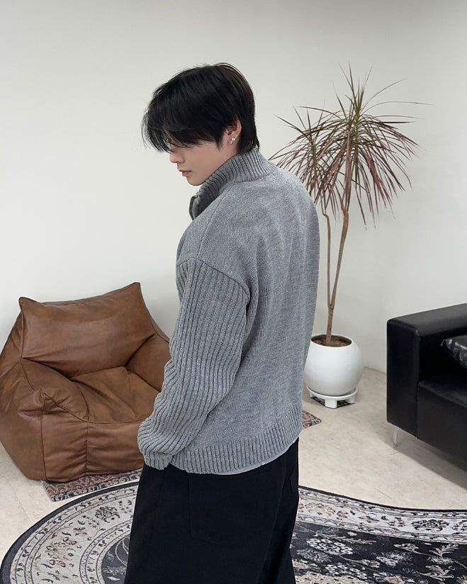Ray-fun mix diagonal knit zip-up
