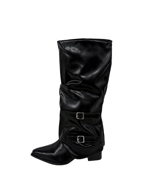 Double Buckle Shirred Stiletto Long Boots