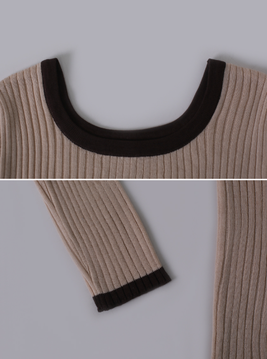 Slim Two Tone U-neck Rib Knit (6color)