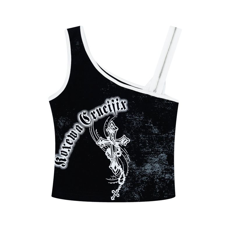 Cross Graphic One-Shoulder Tank Top 232014809