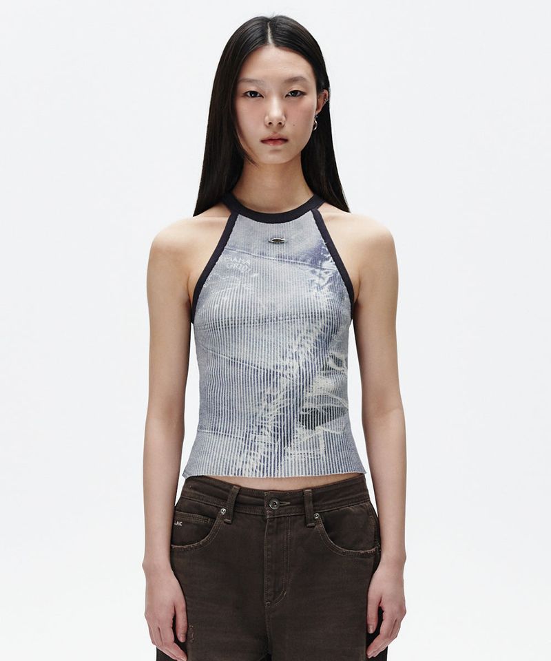 mahagrid(マハグリッド)の「DENIM PRINTED HALTER KNIT(Tops)」