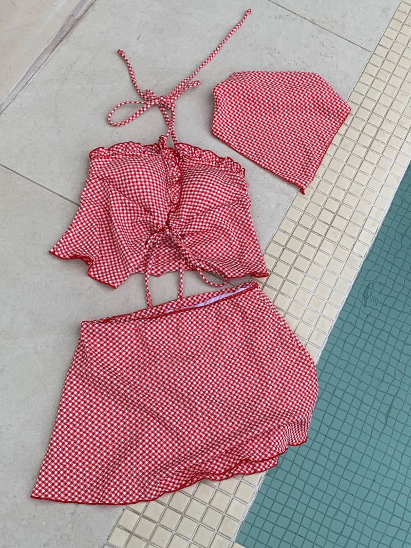 Picnic Girl Gingham Headscarf 3pcs Bikini SET
