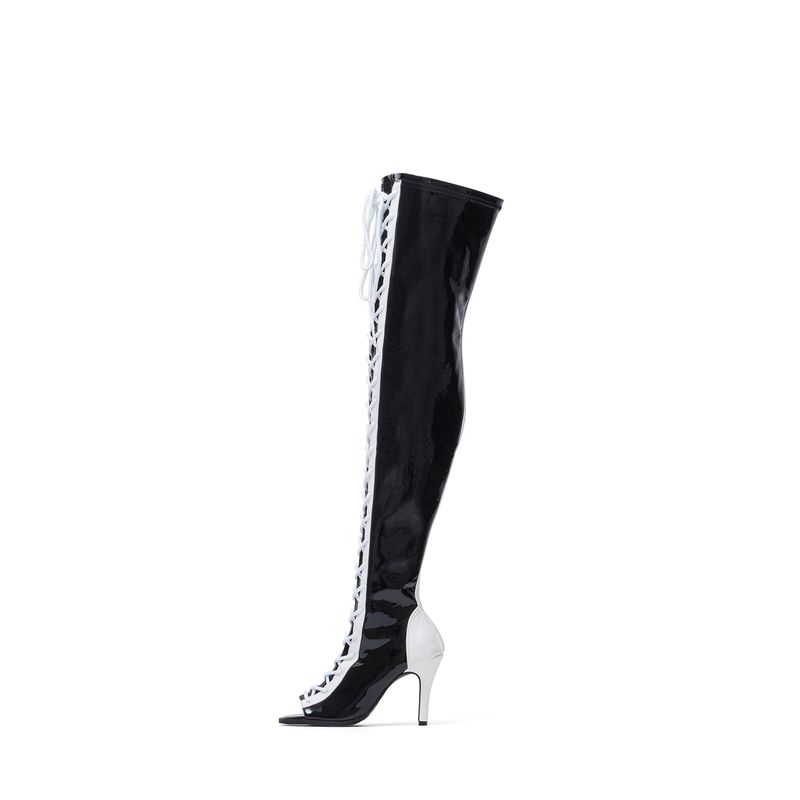 Thigh High Shoelace Point Boots Heel(Glossy Black)