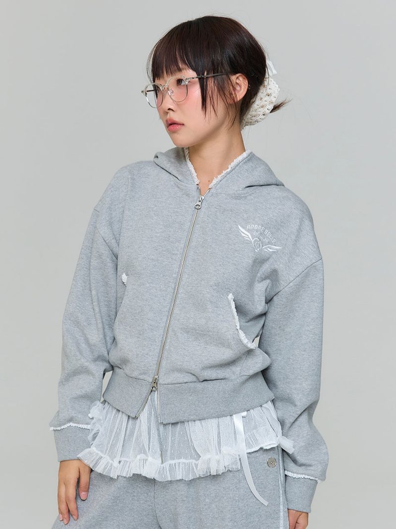 LACE APPLIQUE HOOD ZIP-UP - GRAY