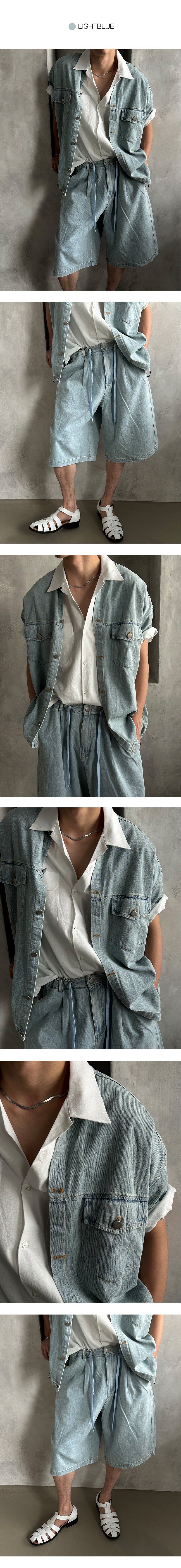 [SET UP] Round neck half denim shirts (2color)