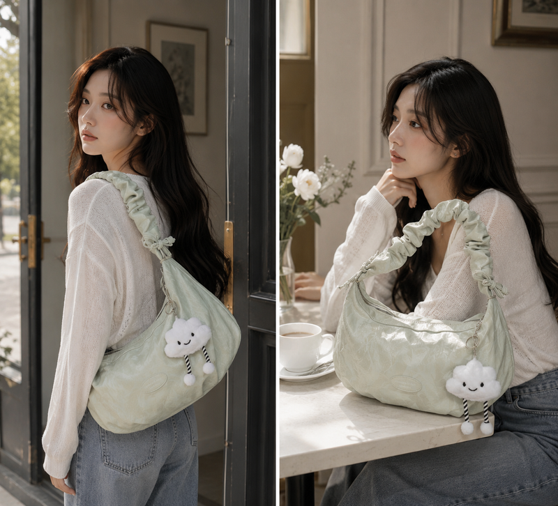 Cloud doll key ring bag denim washed leather wave pattern wrinkle strap zipper shoulder bag