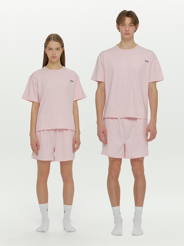 Foli（フォリー）の「(Unisex) エッセンシャルストレッチフィットハーフスリーブパジャマセット　ピンク（トップス）」