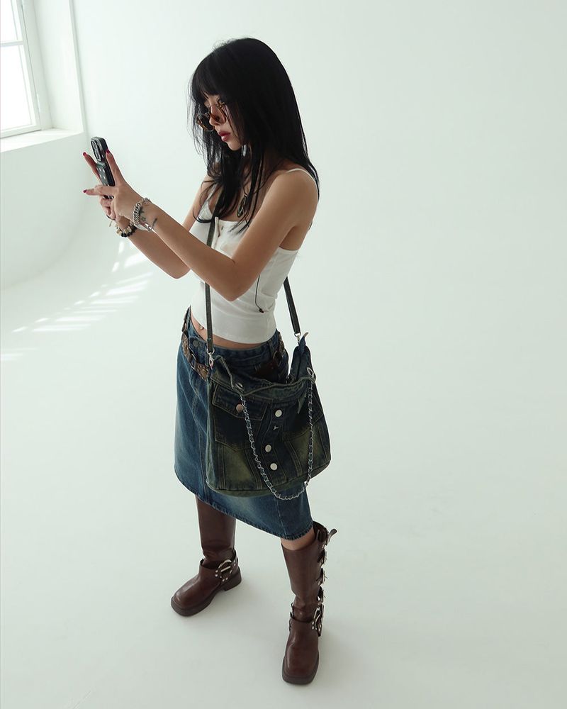 denim pocket chain cross shoulder bag