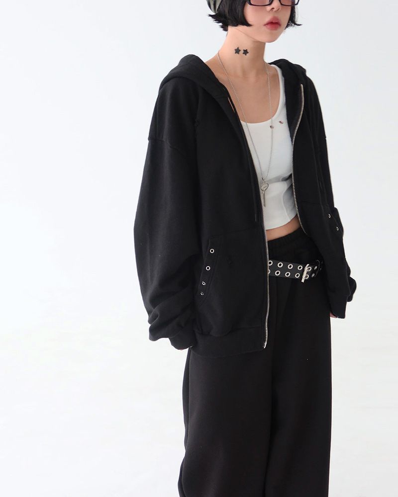Punching Eyelet Damage Oversized-Fit Hooded Zip-Up