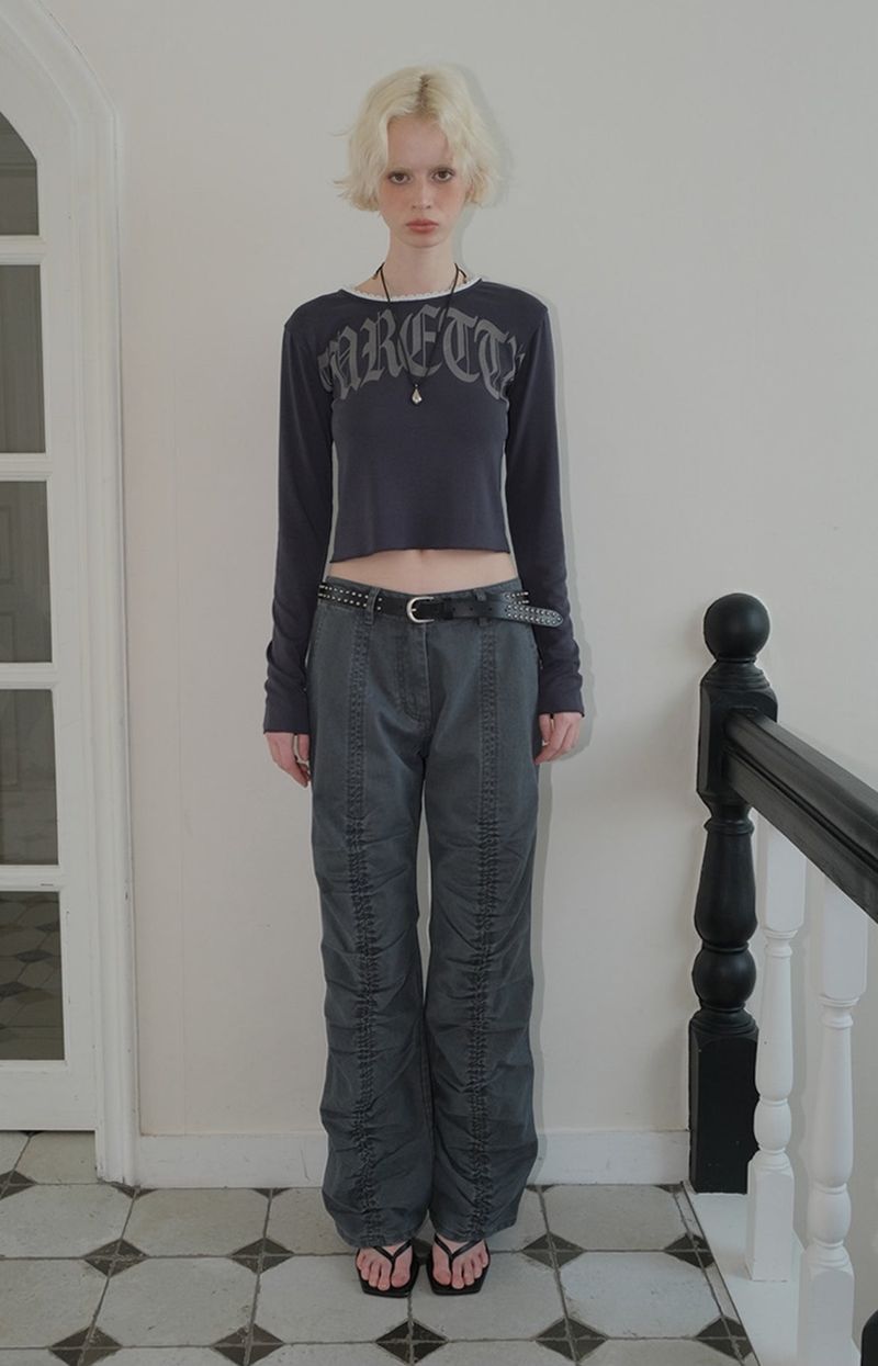 C LACE NECK LOGO T-SHIRT_CHARCOAL
