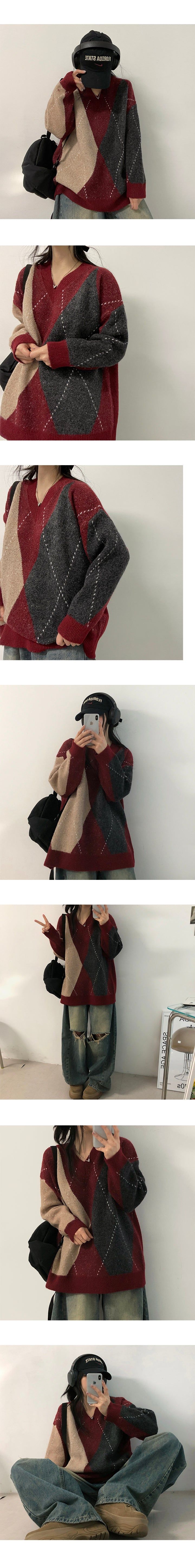 Seonan Argyle Over V-Knit