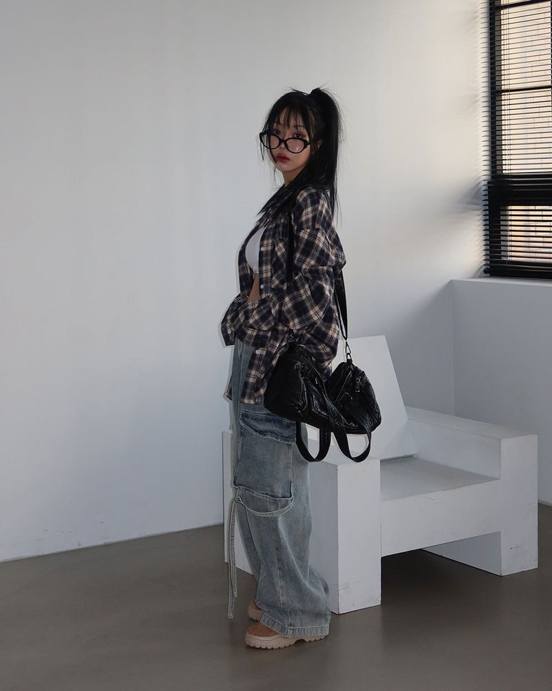 a navy checkered shirt
