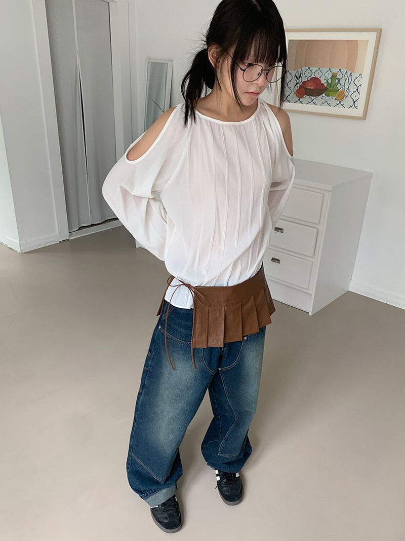PLEATS LEATHER BELT SKIRT (2C)