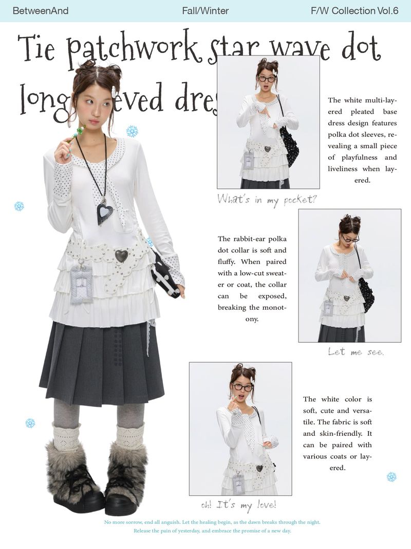 BETWEENAND "Rice White Melody" Winter Tie-Patterned Star Polka Dot Long Sleeve Multi-Layer White Dress