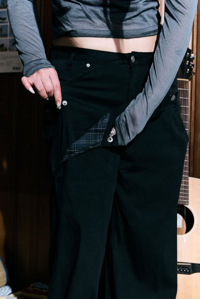 Check asymmetric button wide pants